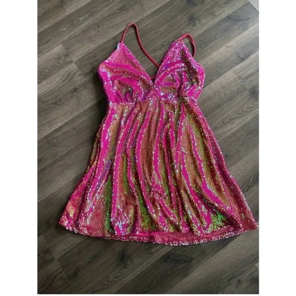 SOUTHERN FRIED CHICS Hot Pink Sequins Mini Dress - Picture 6 of 9